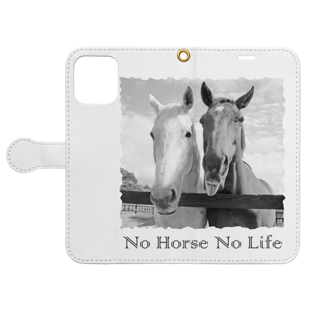 SHOP HAPPY HORSES（馬グッズ）のスピプー（モノクロ） 手帳型スマホケースを開いた場合(外側)