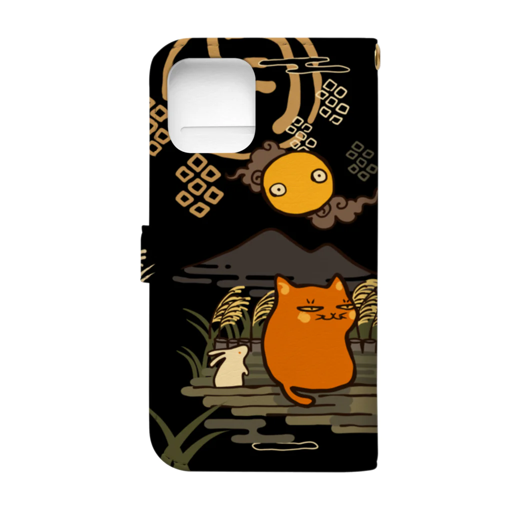 花日和 畳の赤ねこ月見日和 黒 Book-Style Smartphone Case :back