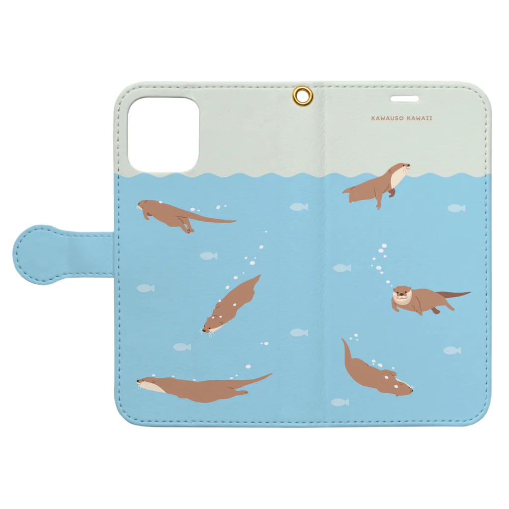 カワウソとフルーツのSwimming♪Otters（爽やかな朝）【iPhone 12 / 12 Pro以降用】 手帳型スマホケースを開いた場合(外側)