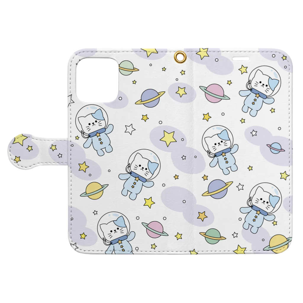 もにゃの宇宙にゃんこ　うじゃうじゃ 手帳型スマホケースを開いた場合(外側)