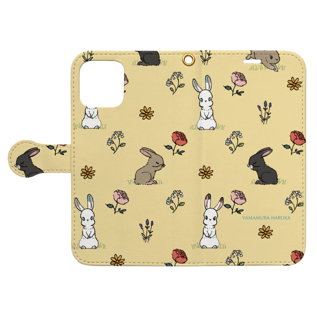 山村遥の朝の庭とうさぎ  Book-Style Smartphone Case:Opened (outside)