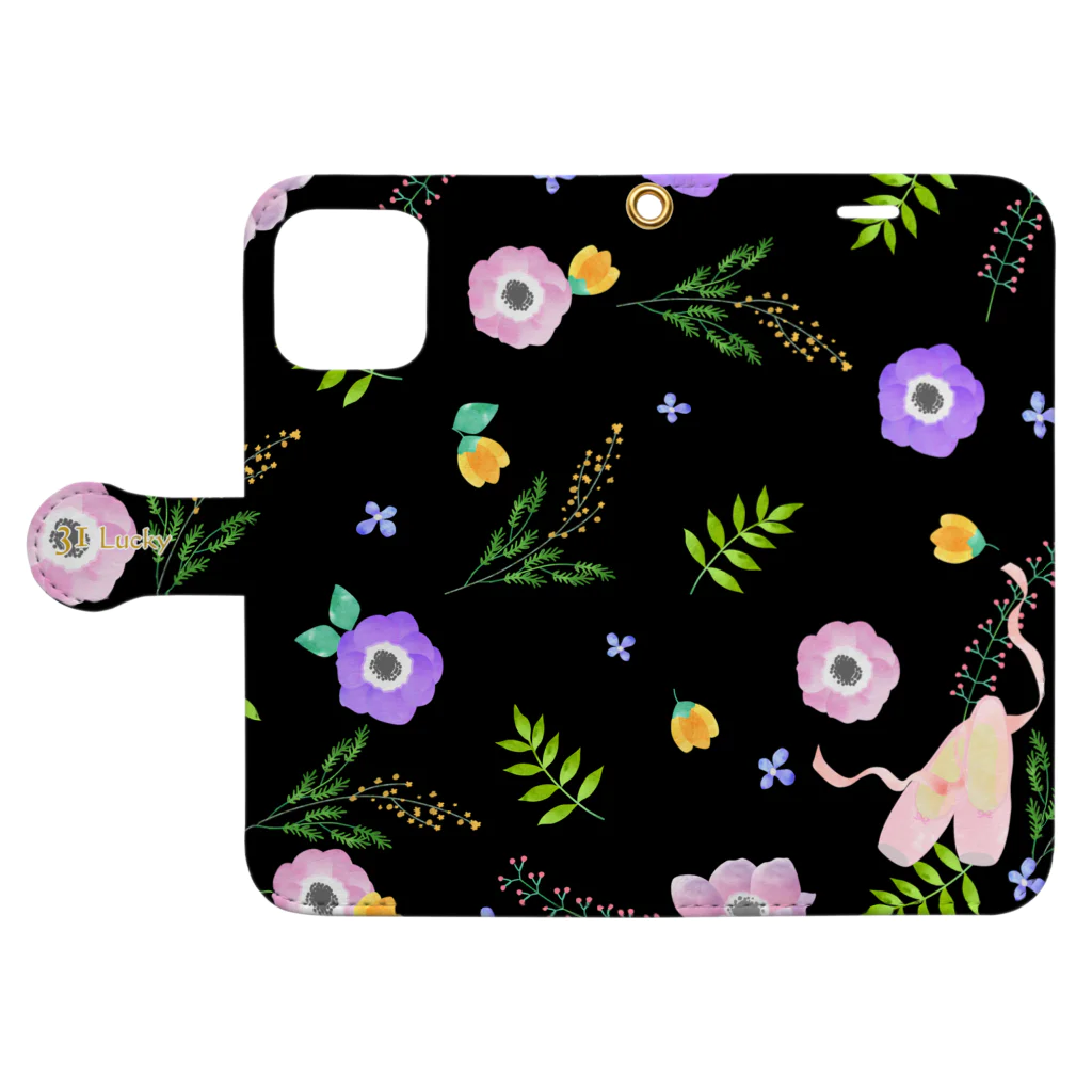 バレエシルエット ballet*pointe_pon*の花柄バレエ３１Lucky(black) Book-Style Smartphone Case:Opened (outside)