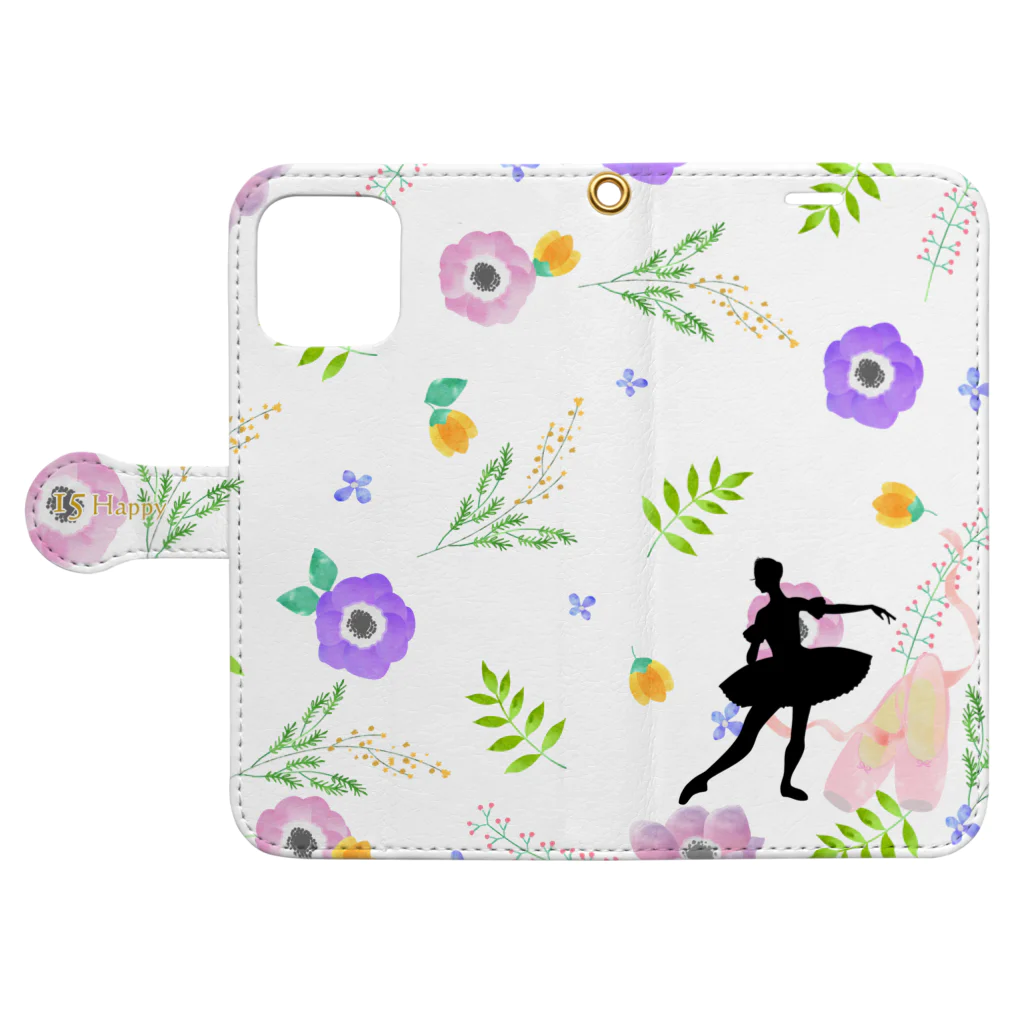 バレエシルエット ballet*pointe_pon*の花柄バレエ１５Happy (金平糖の精) 手帳型スマホケースを開いた場合(外側)