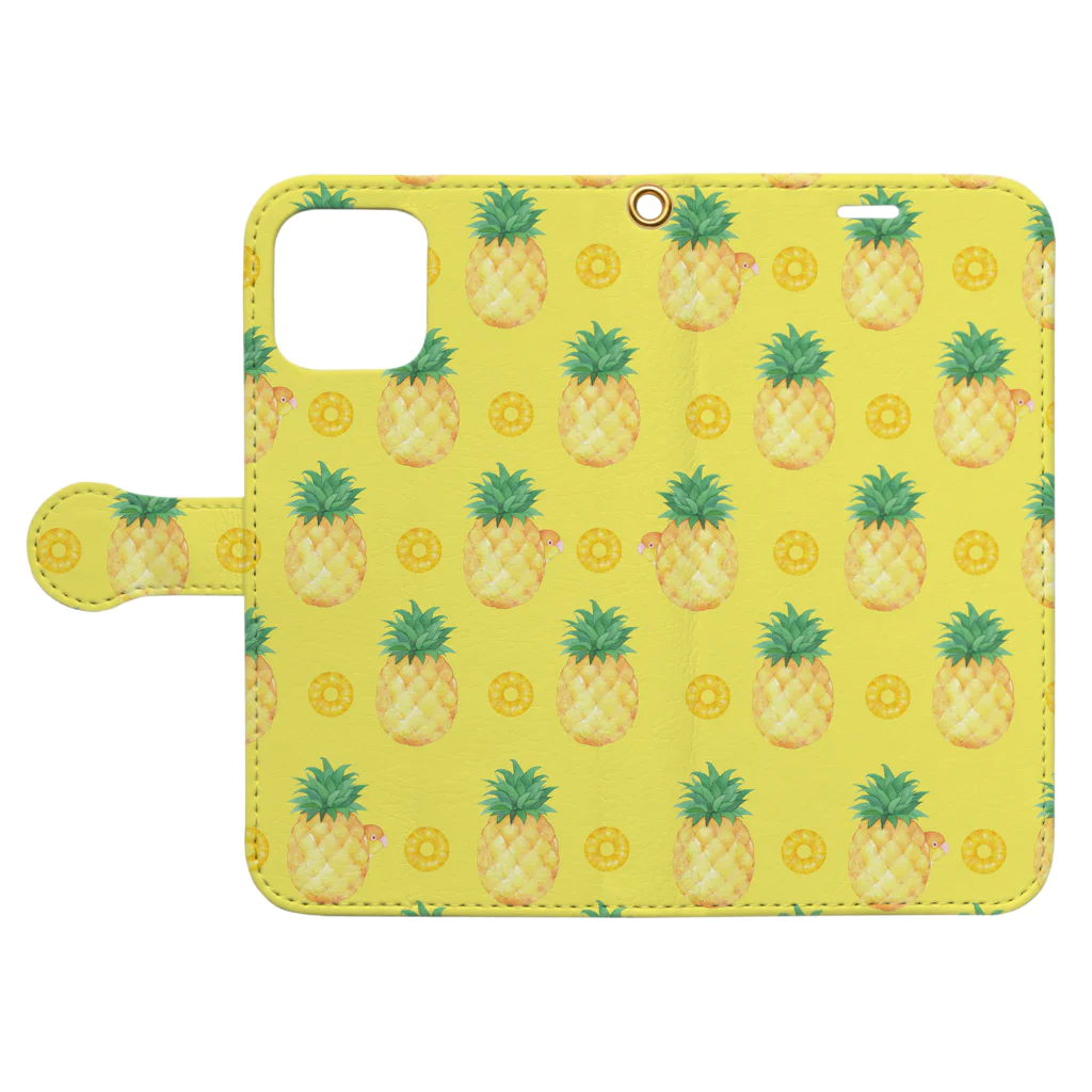 ゆとり屋の手帳型　シロハラとパイナップル Book-Style Smartphone Case:Opened (outside)