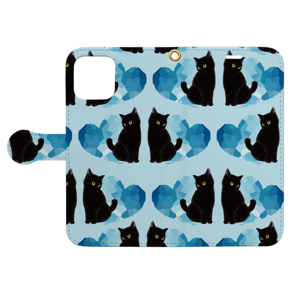 WAMI ARTの黒猫ハートたくさん Book-Style Smartphone Case:Opened (outside)