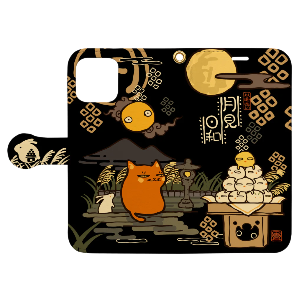 花日和 畳の赤ねこ月見日和 黒 Book-Style Smartphone Case:Opened (outside)