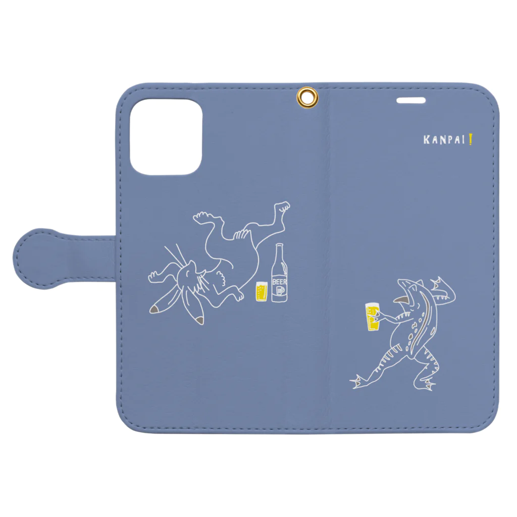 ビールとアート TM-3 Designの名画 × BEER（鳥獣戯画）白線画-ブルーグレー Book-Style Smartphone Case:Opened (outside)