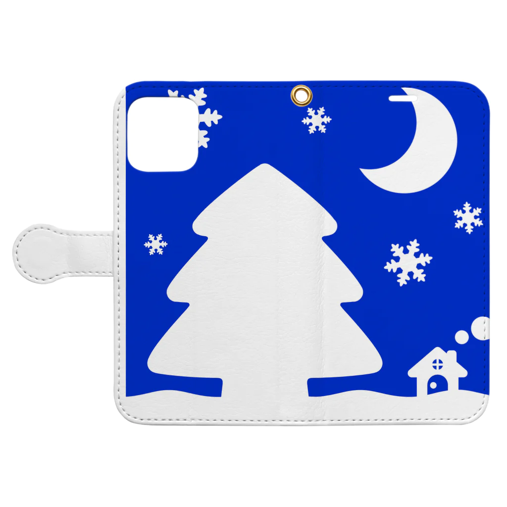 bantone の大きな木と月が浮かぶかわいい雪景色 Book-Style Smartphone Case:Opened (outside)