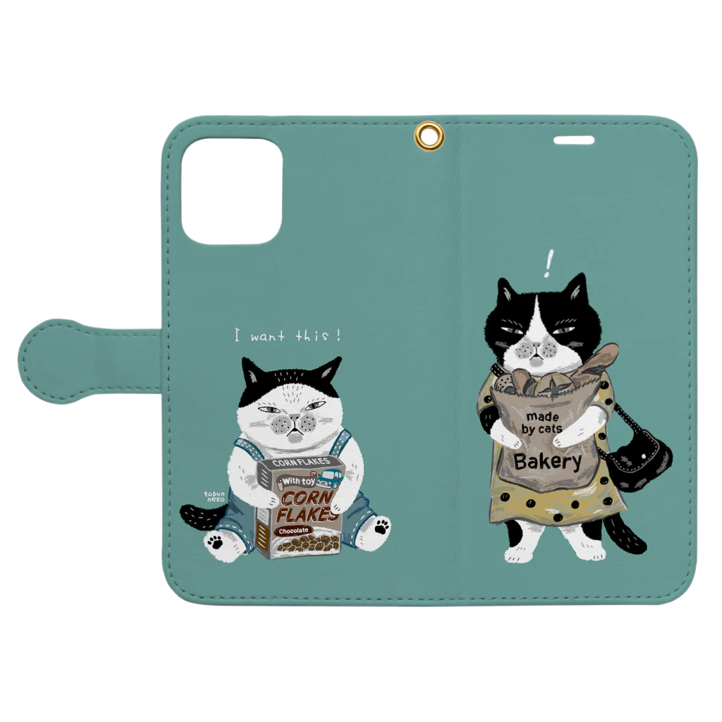 多分ねこのおねだりする弟とママ(ターコイズ) Book-Style Smartphone Case:Opened (outside)