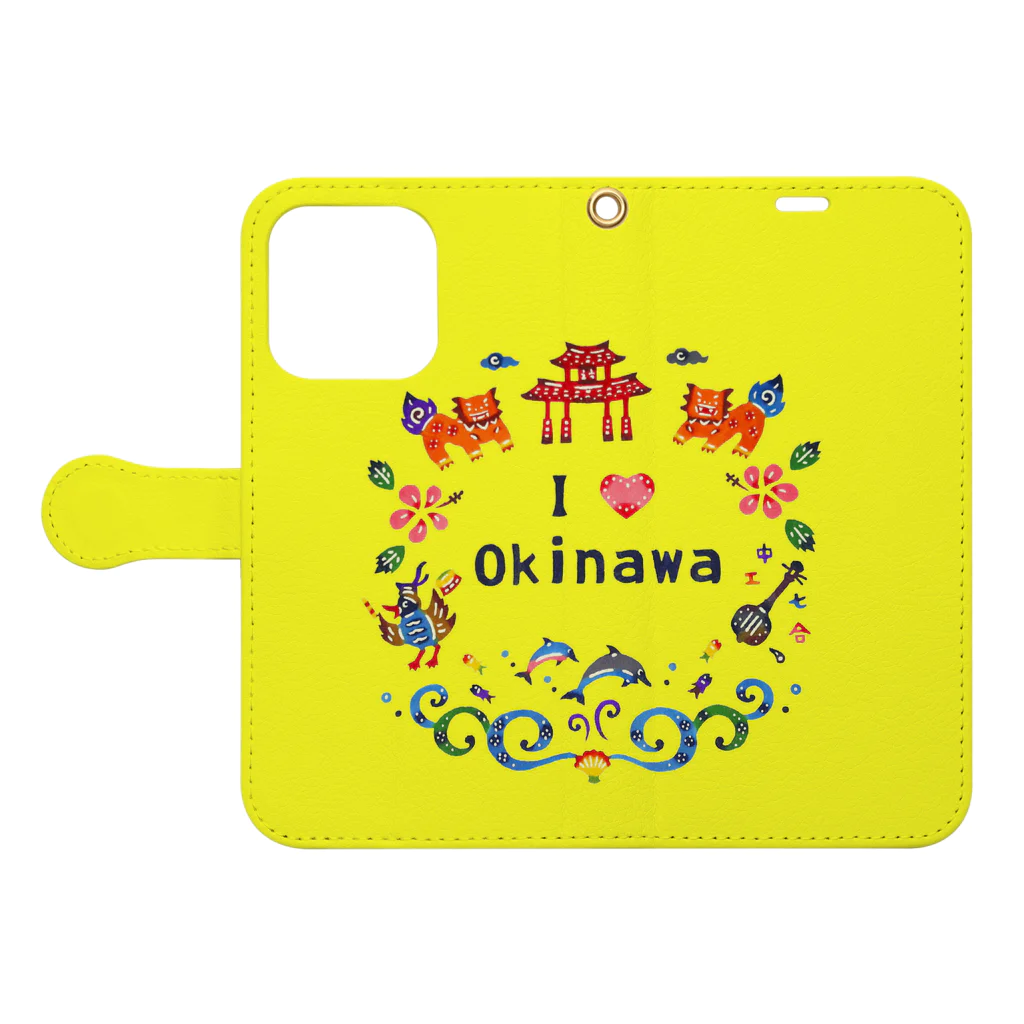 紅型キジムナー工房・コトリンチュのI love Okinawa・イエロー 手帳型スマホケースを開いた場合(外側)
