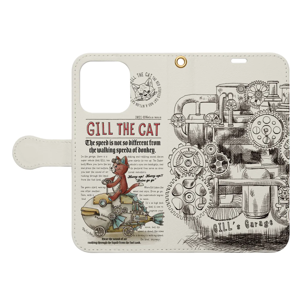 ネルコネコショップのGill the Cat iPhone Flip Case赤いぬいぐるみのねこ 手帳型スマホケースを開いた場合(外側)