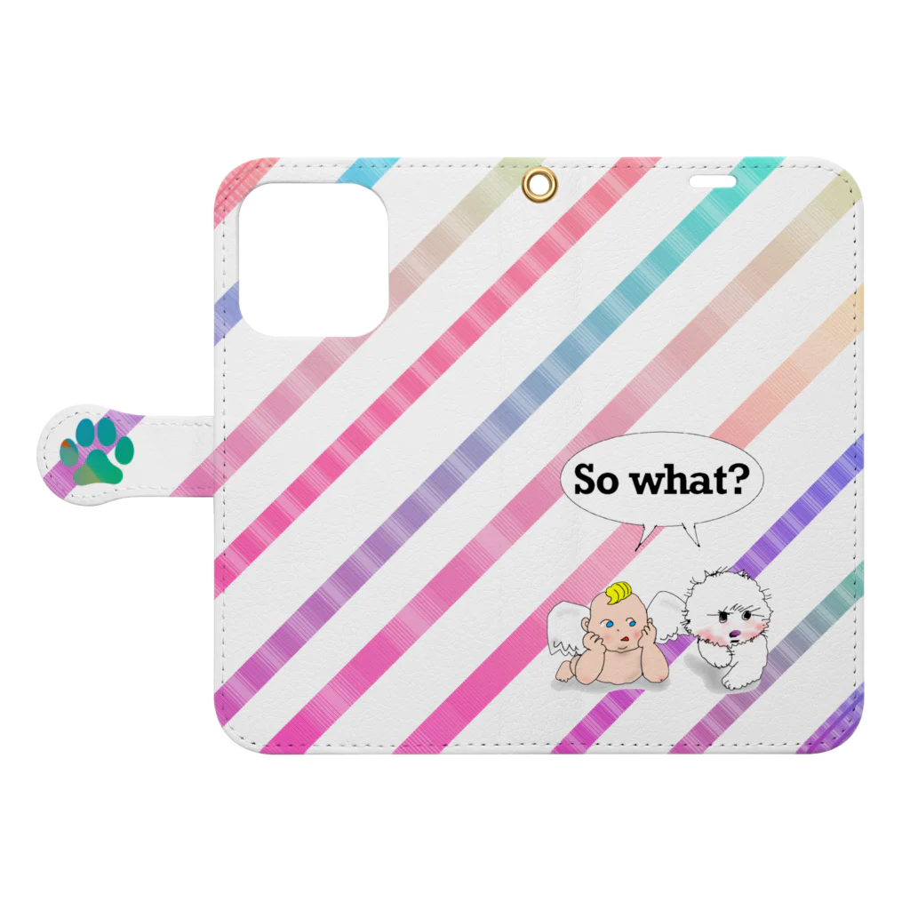 オフィシーナ　ロンポペの天使＆ビーちゃん　『だから何？』アイフォンケース　 Book-Style Smartphone Case:Opened (outside)