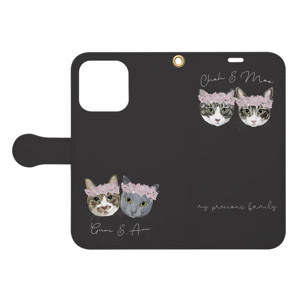 みきぞーん｜保護猫 ミッキー画伯と肉球とおともだちのchah & moo & guri & ari Book-Style Smartphone Case:Opened (outside)