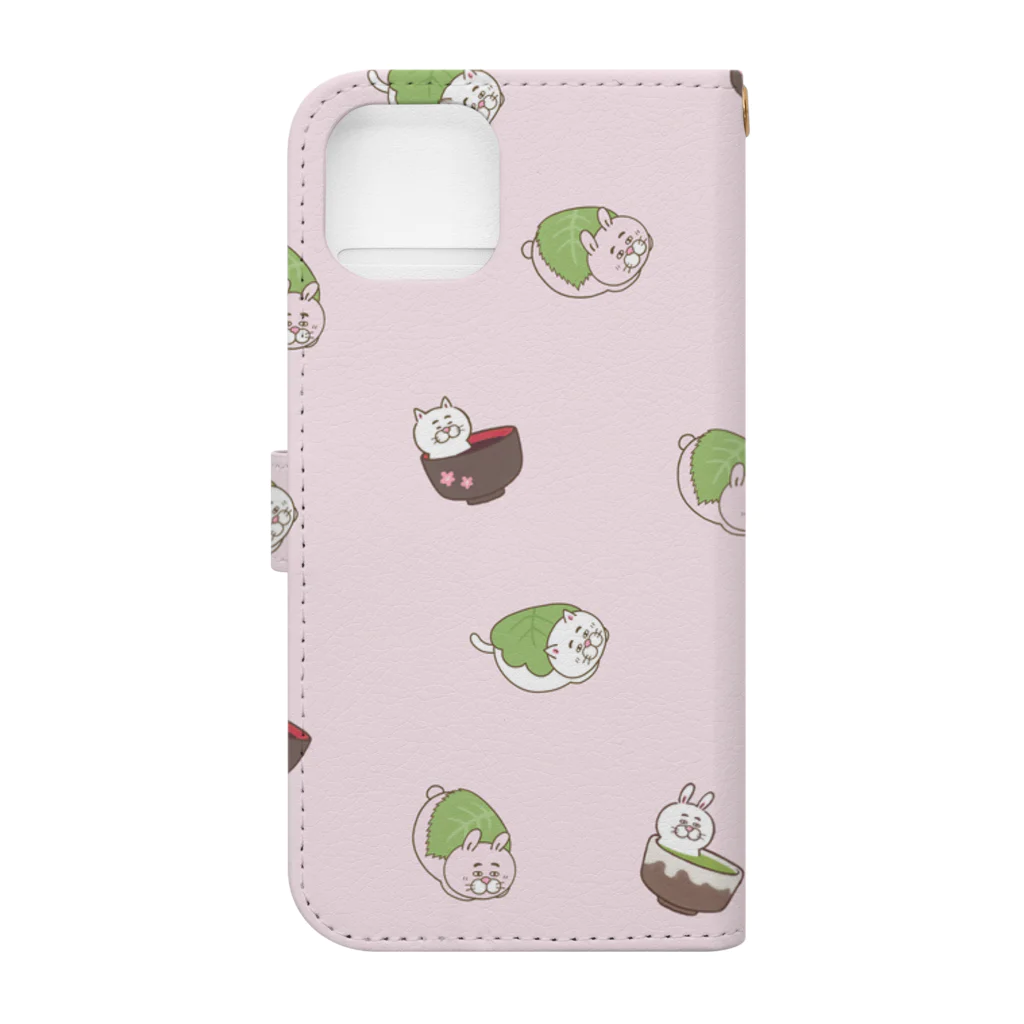 目つきの悪い猫＠いけやけいの和菓子にゃんこ ピンク Book-Style Smartphone Case :back