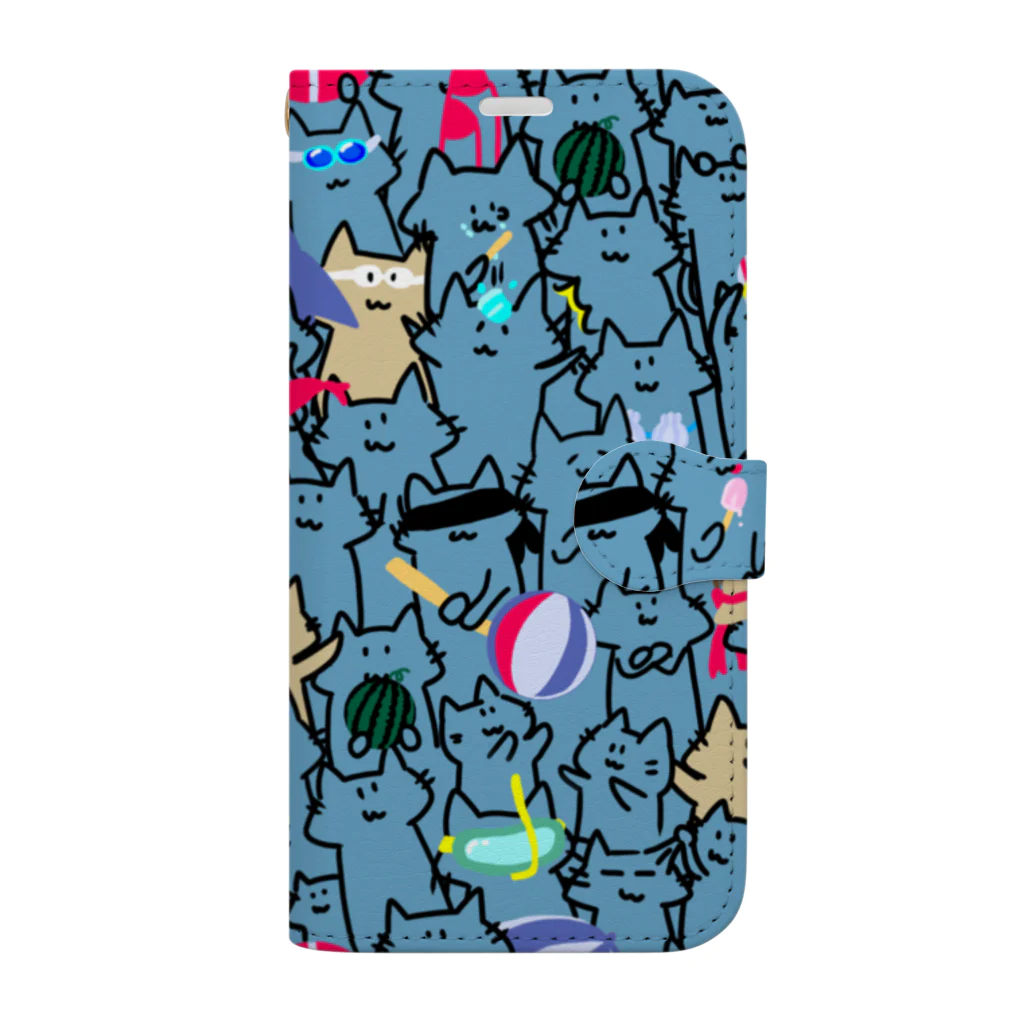 のびネコとおさかなのお店のみっちり！ねこねこ海水浴　柄大きめブルー Book-Style Smartphone Case