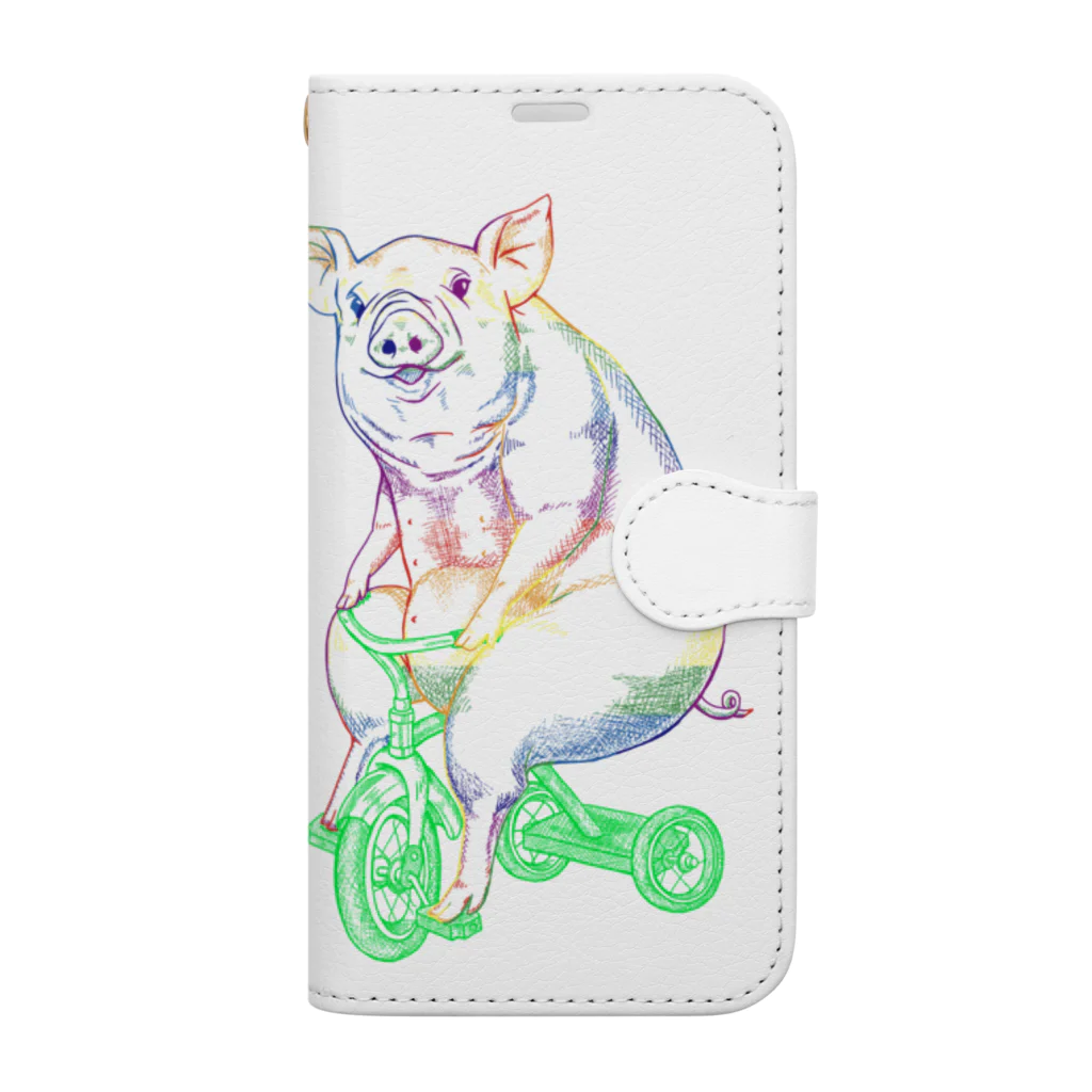 N谷スタジオのブタさんon三輪車～レインボーバージョン～ Book-Style Smartphone Case