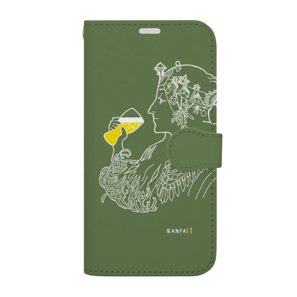 ビールとアート TM-3 Designの名画 × BEER（ミュシャ）白線画-グリーン 手帳型スマホケース