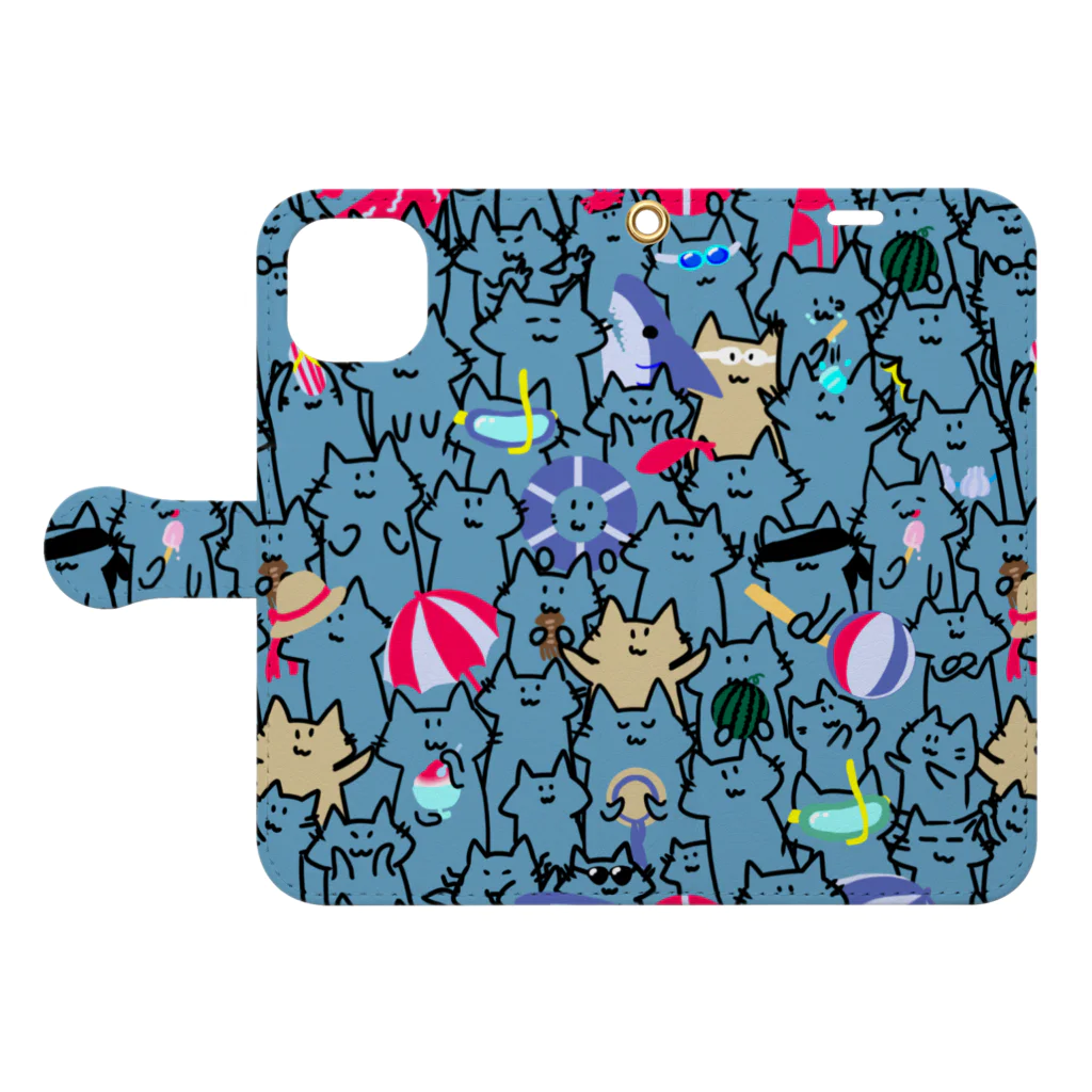 のびネコとおさかなのお店のみっちり！ねこねこ海水浴　柄大きめブルー Book-Style Smartphone Case:Opened (outside)