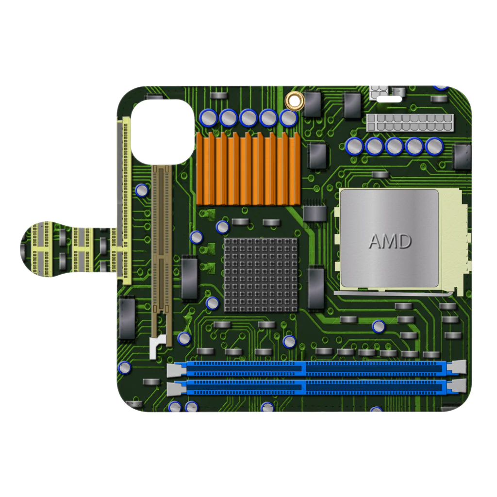 旨味教授といちごもちぷりんのパソコンのマザーボード 手帳型スマホケースを開いた場合(外側)