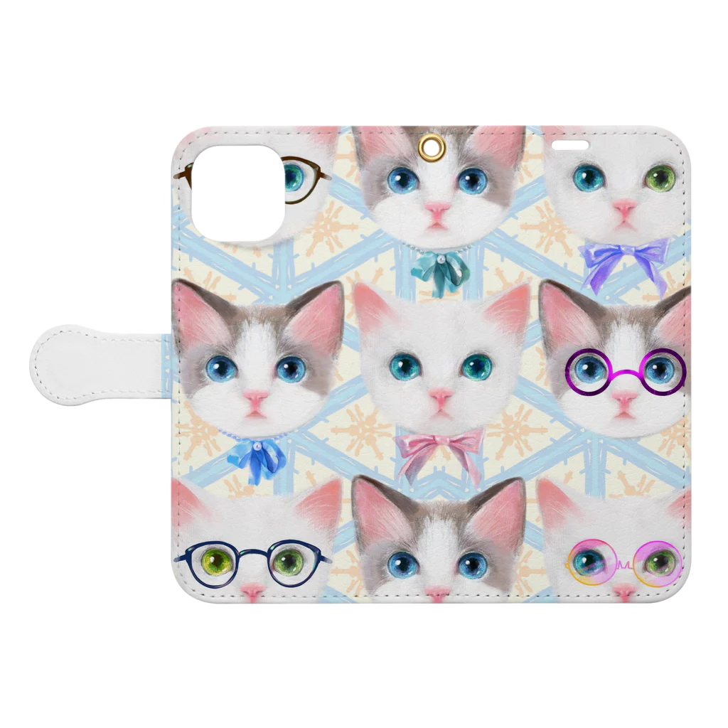 NORIMA'S SHOP のおしゃれなメガネをかけた猫たちと北欧風パターンイラスト Book-Style Smartphone Case:Opened (outside)