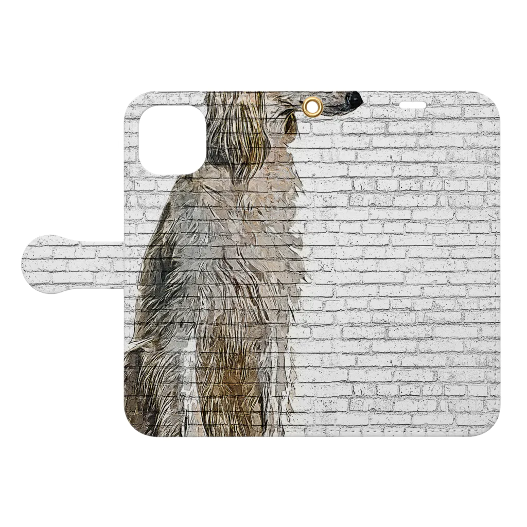 【CPPAS】Custom Pet Portrait Art Studioのとても美しくてかっこいいサルーキドッグ - レンガブロック背景 手帳型スマホケースを開いた場合(外側)