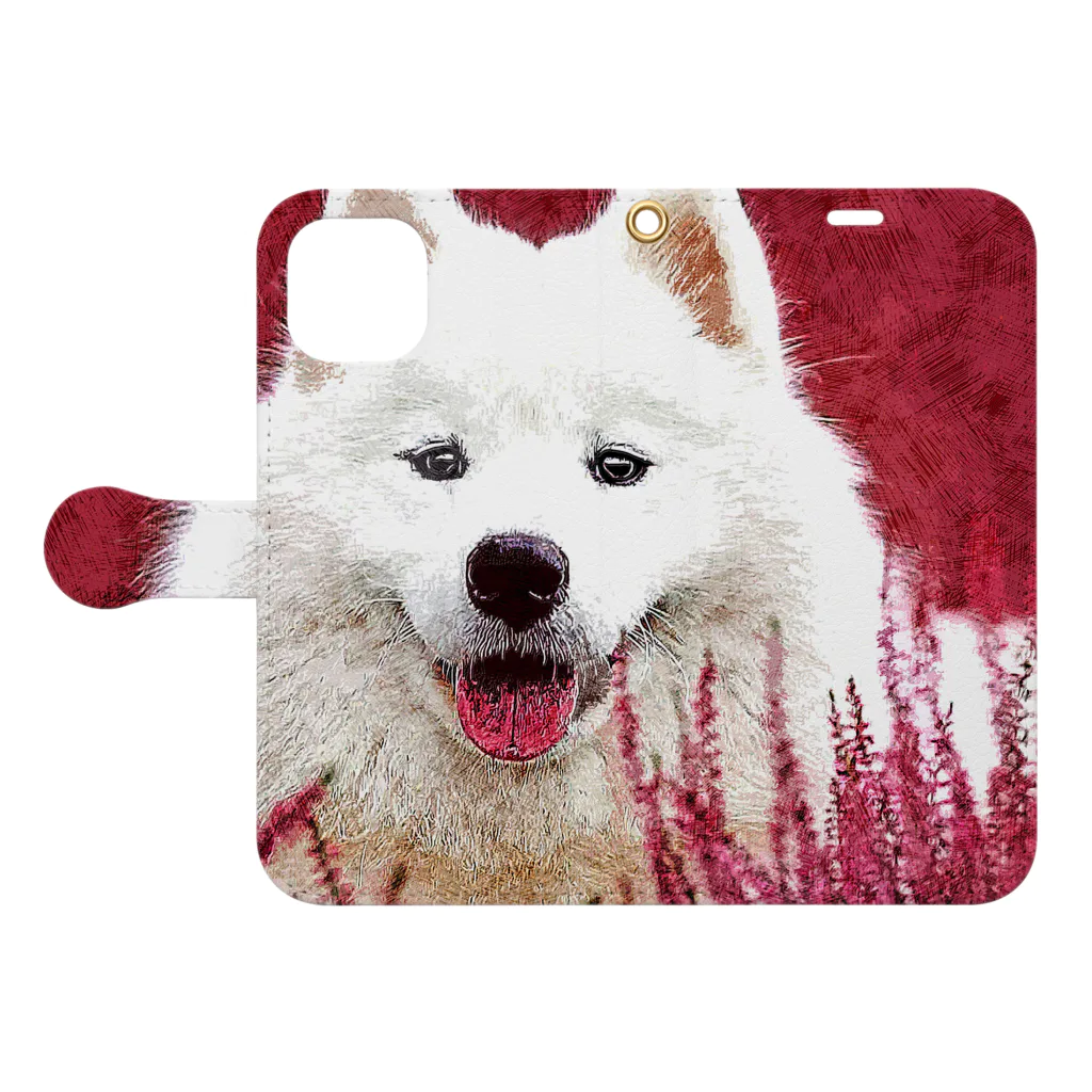 【CPPAS】Custom Pet Portrait Art Studioの 赤い畑の中のサモエドドッグ Book-Style Smartphone Case:Opened (outside)