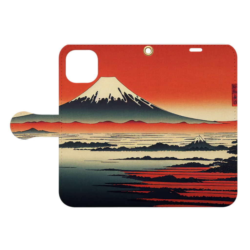 SLEEPING CAT by AI DESIGNER（midjourney）のAI red mt.fuji 手帳型スマホケースを開いた場合(外側)