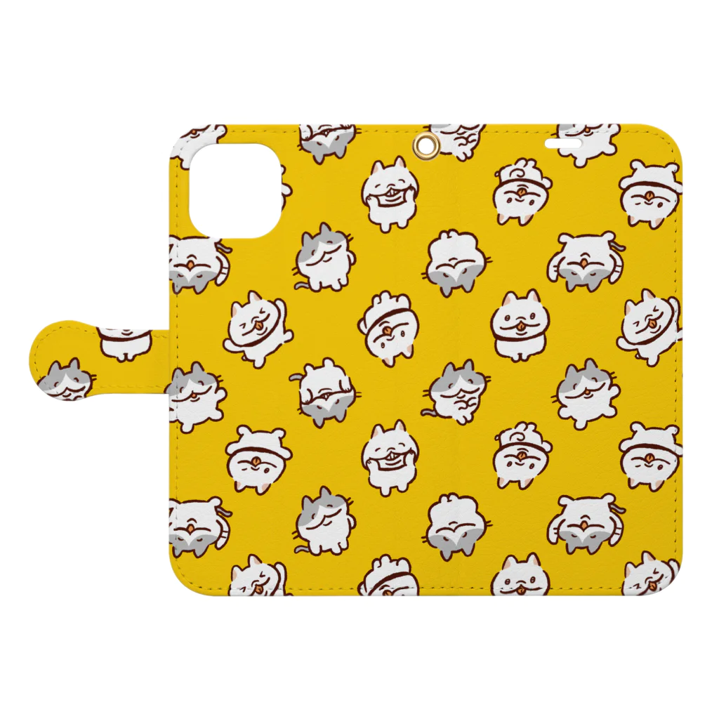 おむすび屋のねこいぬ総柄黄色 Book-Style Smartphone Case:Opened (outside)