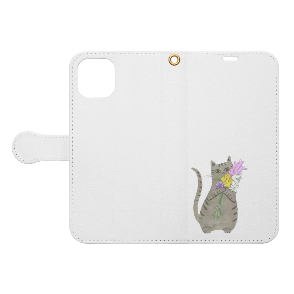 アトリエ猫田：猫田アスカの花束を抱える子 Book-Style Smartphone Case:Opened (outside)