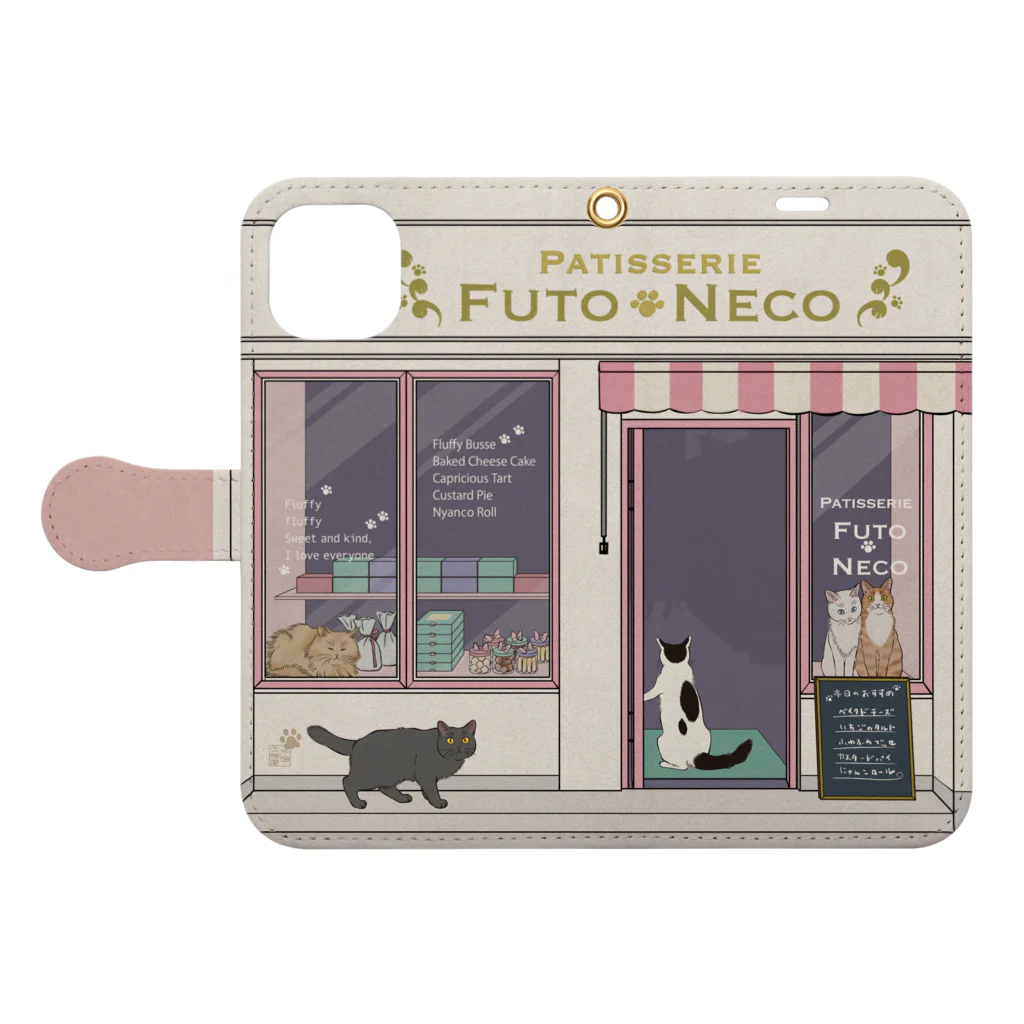 元祖ふとねこ堂のふとねこ洋菓子店 手帳型スマホケースを開いた場合(外側)