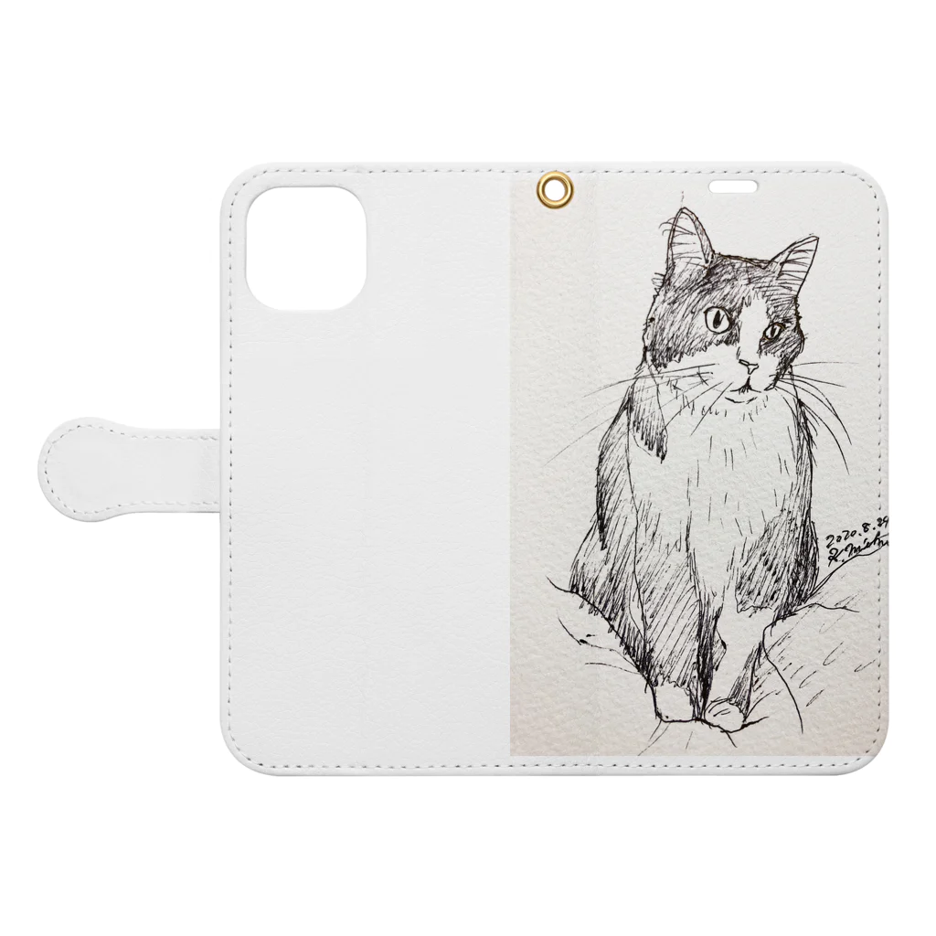 猫好きのみきのお店の猫カフェ猫さんのボールペン画1 Book-Style Smartphone Case:Opened (outside)