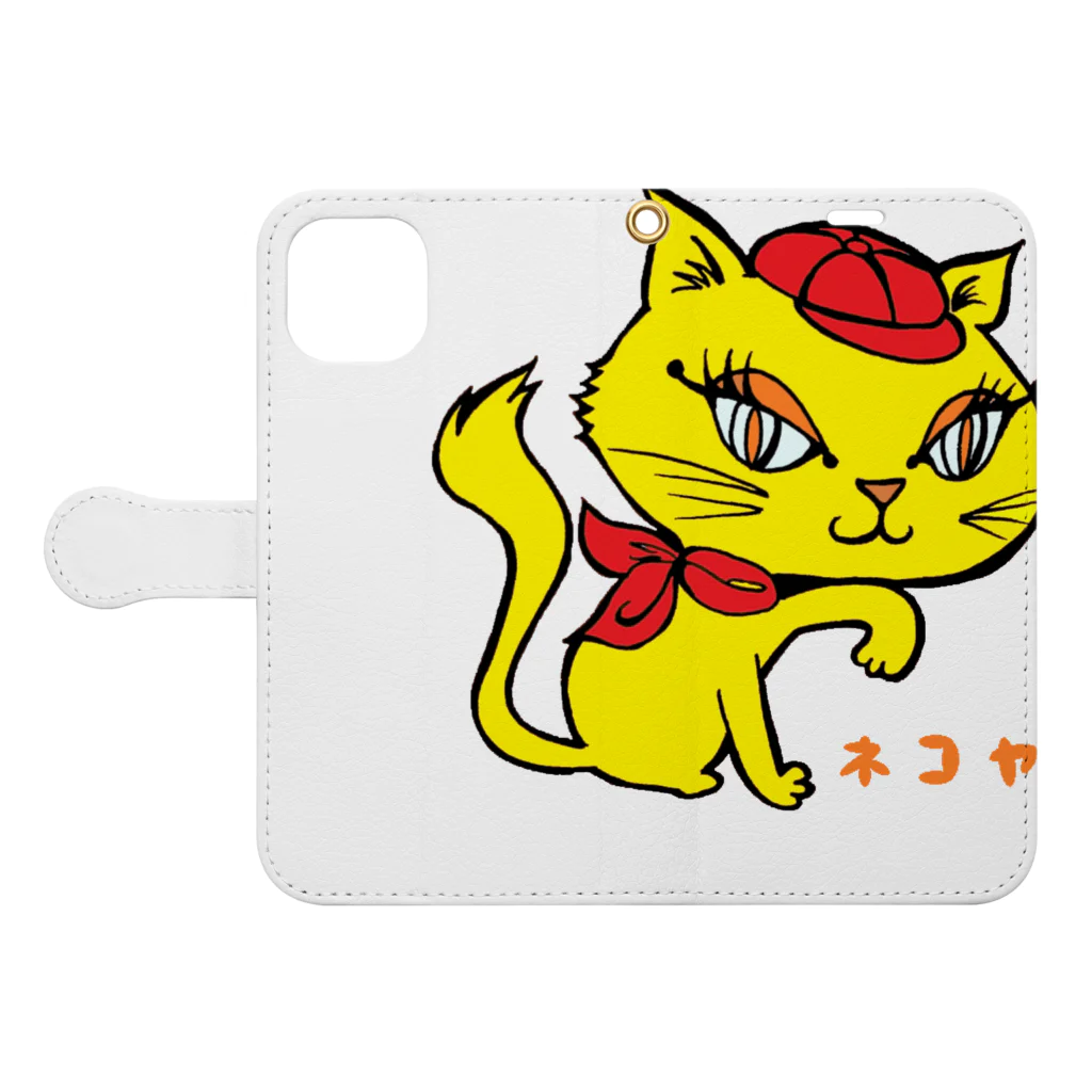 「中華居酒屋 ねこや」マーチャンダイズストアのねこや-ミミちゃんグッズ(猫家、straycat) Book-Style Smartphone Case:Opened (outside)