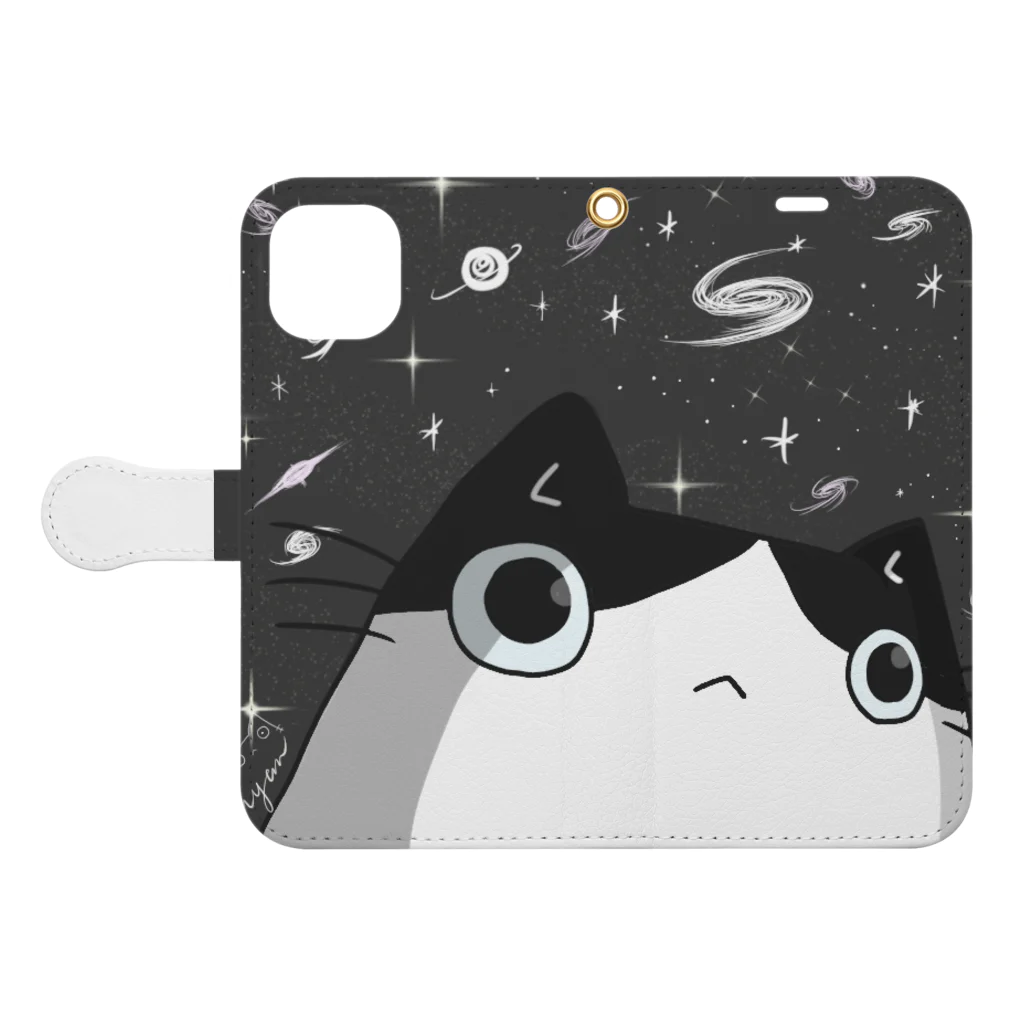 ねこのにゃむ@はせにゃむの悟りを開いた宇宙ねこ 手帳型スマホケースを開いた場合(外側)