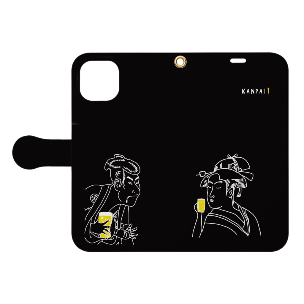 ビールとアート TM-3 Designの名画 × BEER（浮世絵男女）白線画-ブラック Book-Style Smartphone Case:Opened (outside)