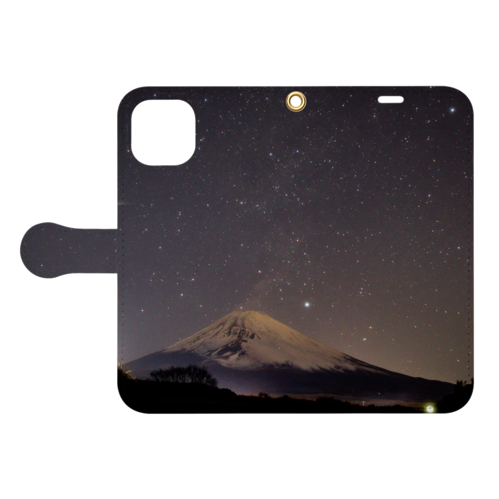 宗ノ介デザインの星空と富士山 手帳型スマホケースを開いた場合(外側)