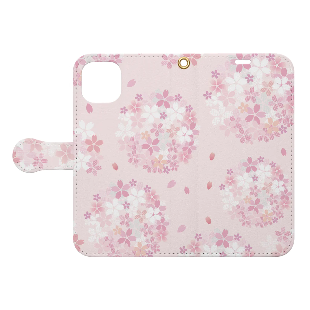 ほのぼのデザインHBの桜手毬-さくらてまり手帳型iPhoneケース Book-Style Smartphone Case:Opened (outside)