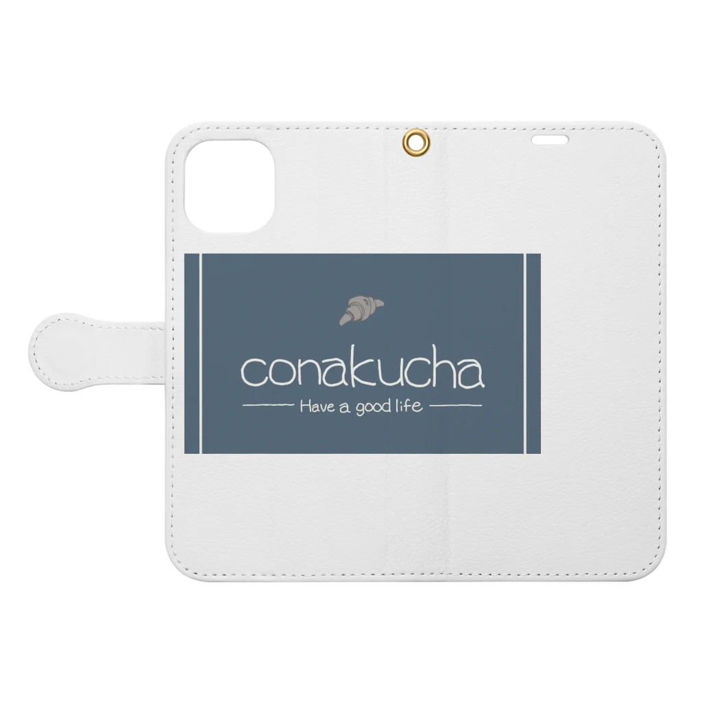 デッキ〜♪♯のconakucha(コナクチャ)ブルーグレーカラー 手帳型スマホケースを開いた場合(外側)