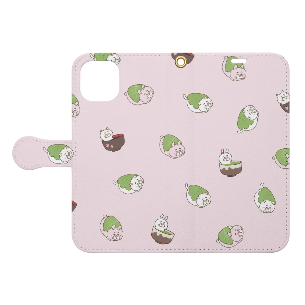 目つきの悪い猫＠いけやけいの和菓子にゃんこ ピンク Book-Style Smartphone Case:Opened (outside)