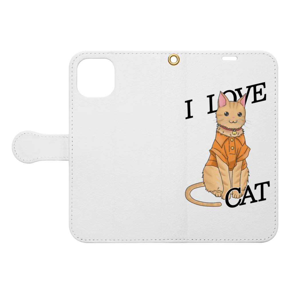 お猫様大好きナスビのシャツを着たトラ猫 Book-Style Smartphone Case:Opened (outside)