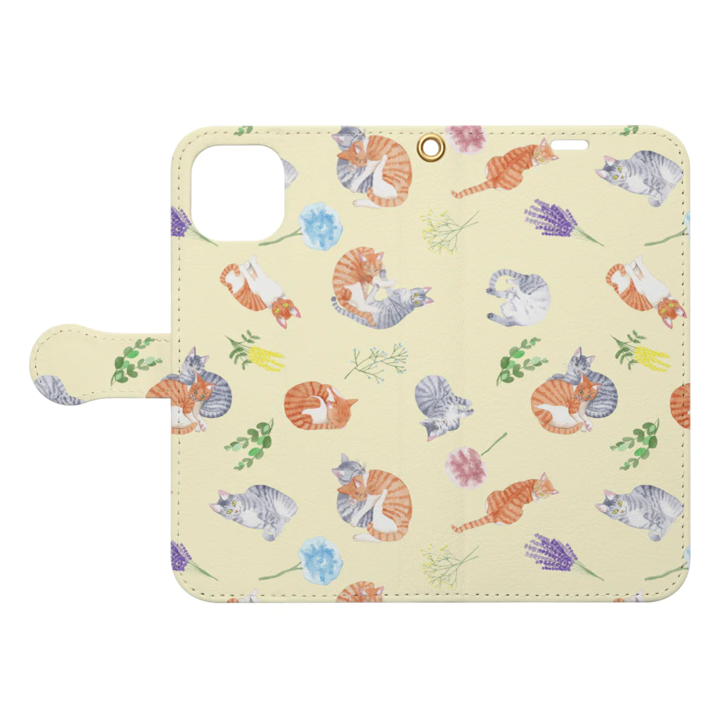 渡邊野乃香のお店のむーぽんドライフラワー柄　黄色 Book-Style Smartphone Case:Opened (outside)