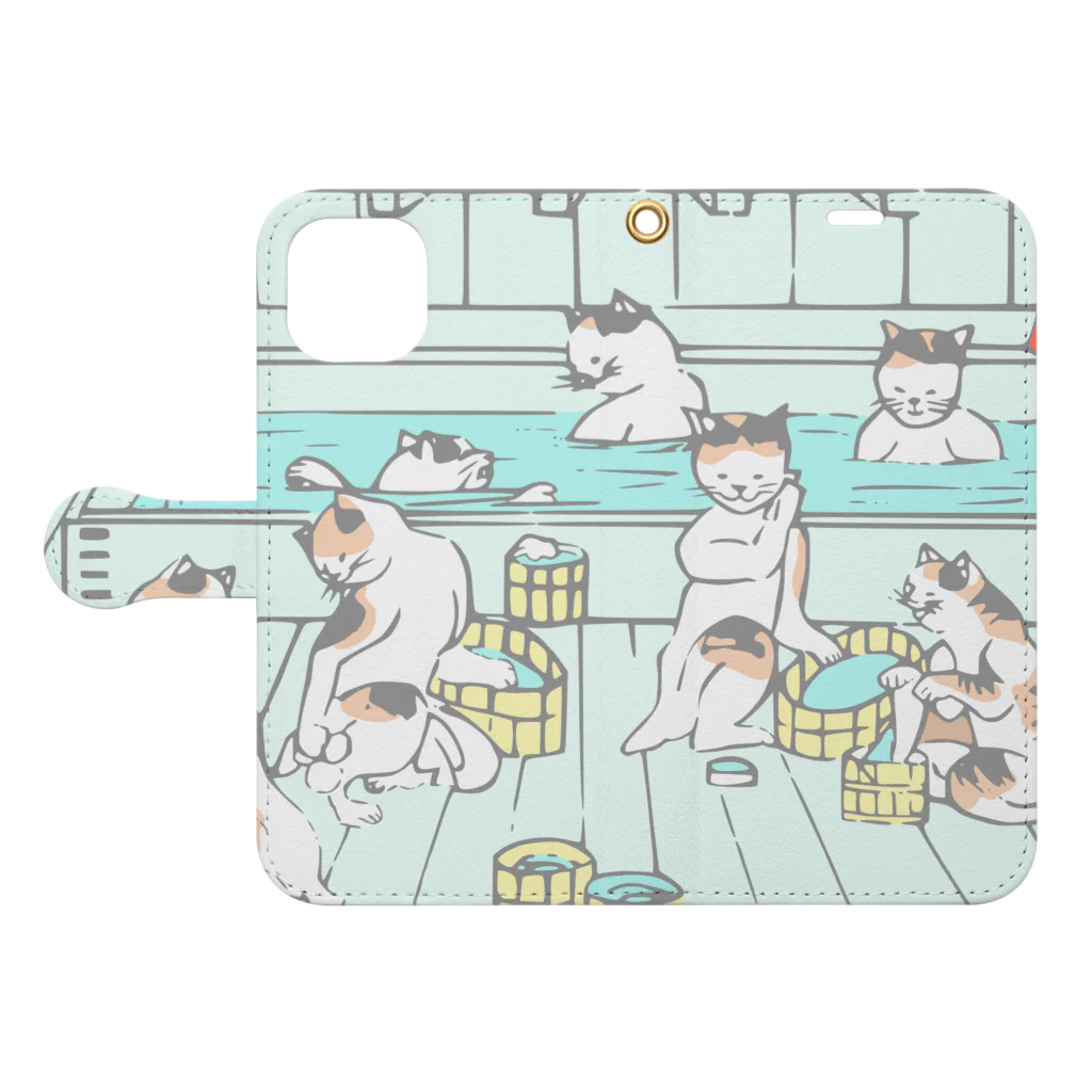 温泉グッズ@ブーさんとキリンの生活の猫の温泉（カラー） Book-Style Smartphone Case:Opened (outside)