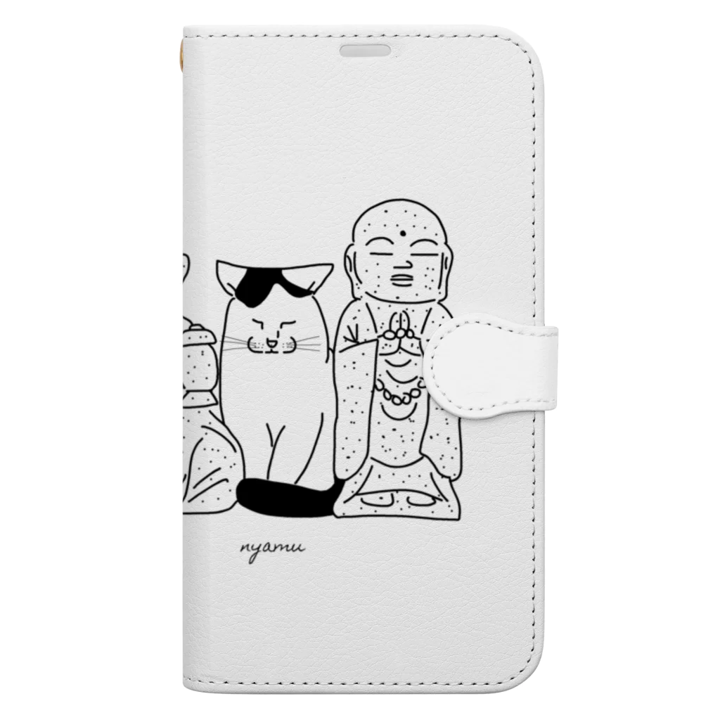 小鳥と映画館の猫とお地蔵様　線画 Book-Style Smartphone Case