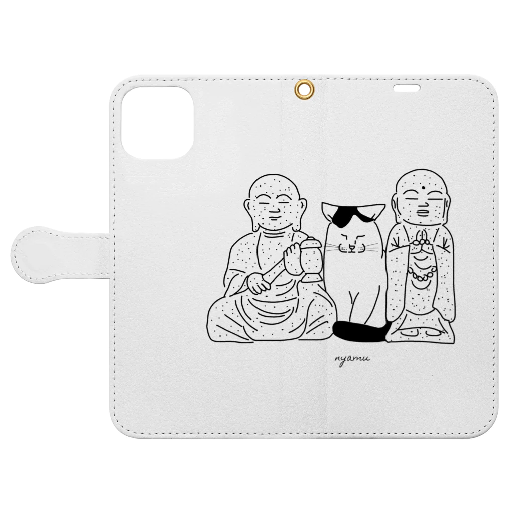 小鳥と映画館の猫とお地蔵様　線画 Book-Style Smartphone Case:Opened (outside)