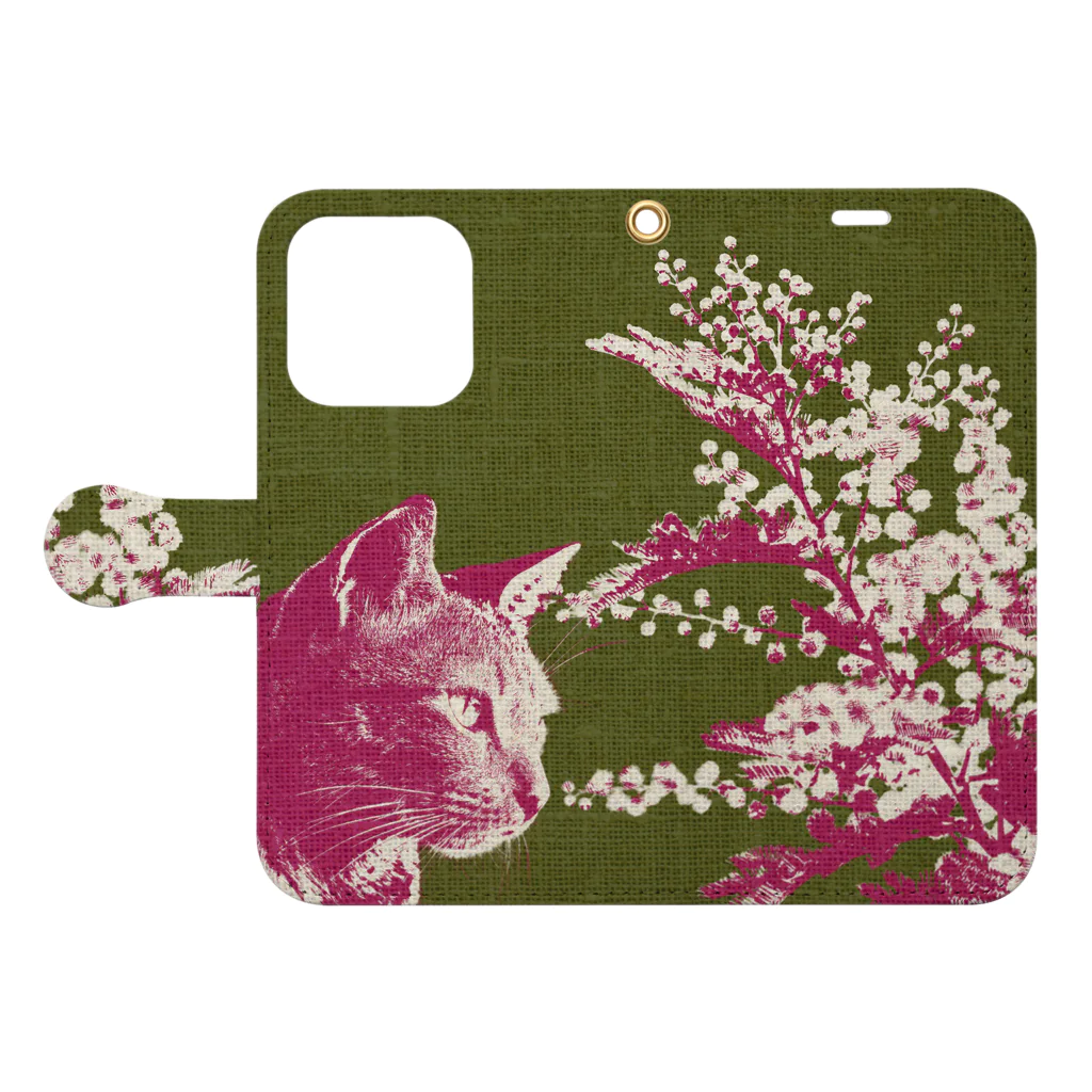 winageの猫とミモザの手帳型スマホケース Book-Style Smartphone Case:Opened (outside)