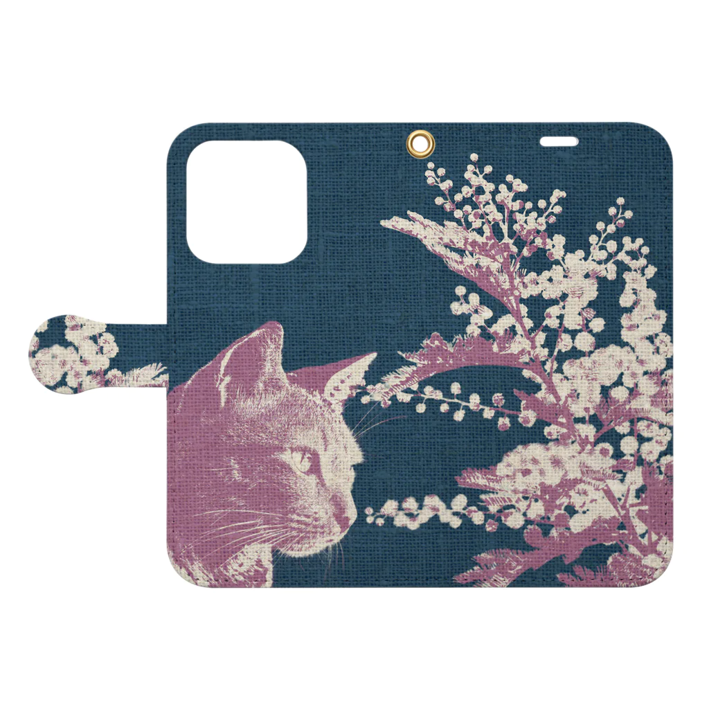 winageの猫とミモザの手帳型スマホケース Book-Style Smartphone Case:Opened (outside)