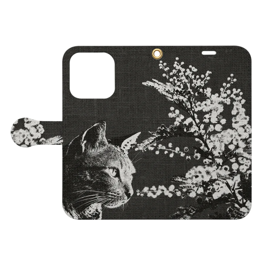 winageの猫とミモザの手帳型スマホケース Book-Style Smartphone Case:Opened (outside)