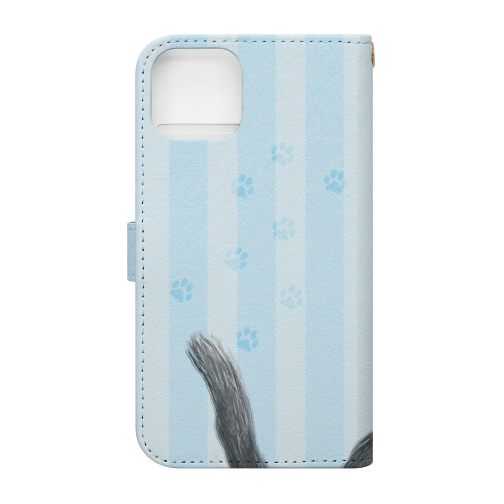 かわいいもののおみせ　いそぎんちゃくのお魚にゃーvar.3もふもふ　灰猫　ライトブルー　ストライプ　肉球マーク付き Book-Style Smartphone Case :back