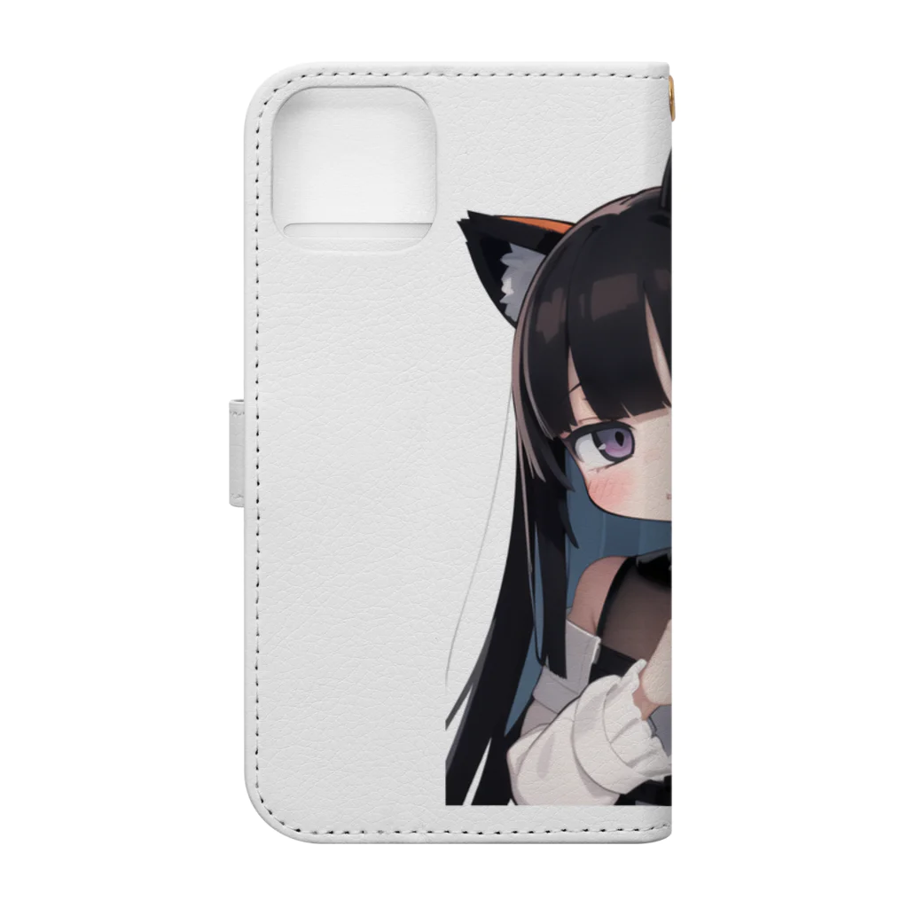 ケモ耳美少女キツネちゃん（AIart）の長い黒髪の愛らしい獣耳の少女 Book-Style Smartphone Case :back