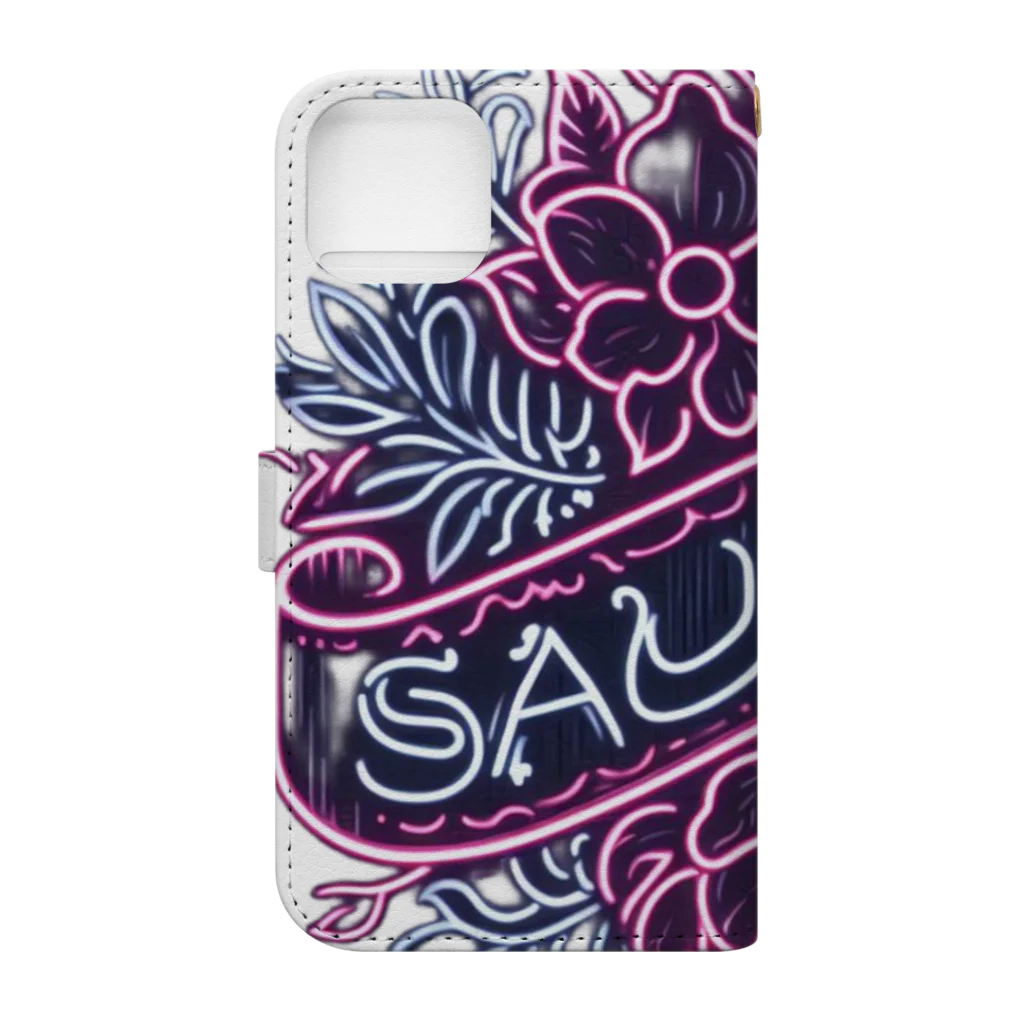 N SAUNA LOGOのネオン風花柄サウナロゴ11　花柄ver.4 Book-Style Smartphone Case :back