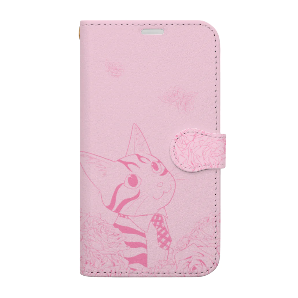 アトリエ『猫虹彩パレット』🐈🌈🎨の【ももいろ】薔薇とれおんくん(デフォルメver.) Book-Style Smartphone Case